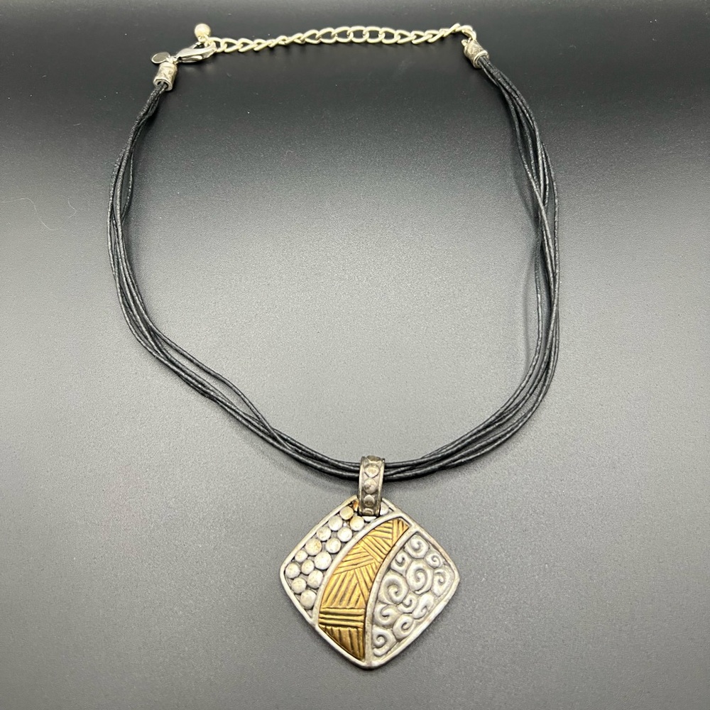 Vintage CHICO'S Two-Tone Modern Pendant on Black Leather Cord Necklace